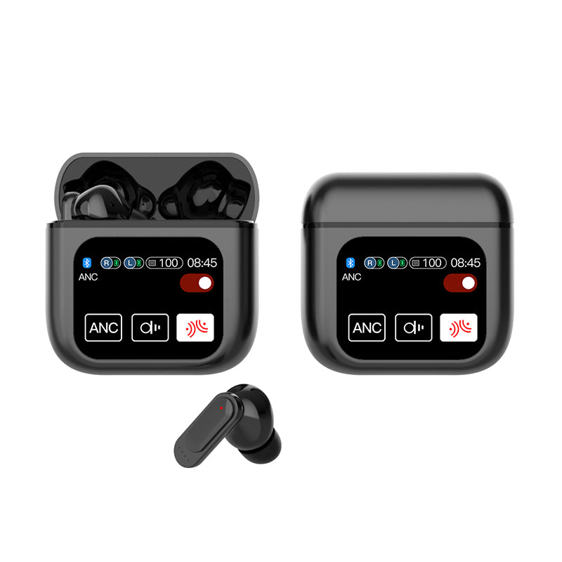 A set of noise-cancelling earbuds in various colors (black, blue, purple, beige, white) with their charging cases open, displaying the earbuds inside.