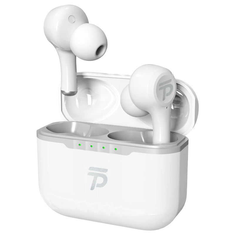 White wireless earbuds with charging case on a white background tri tek pro