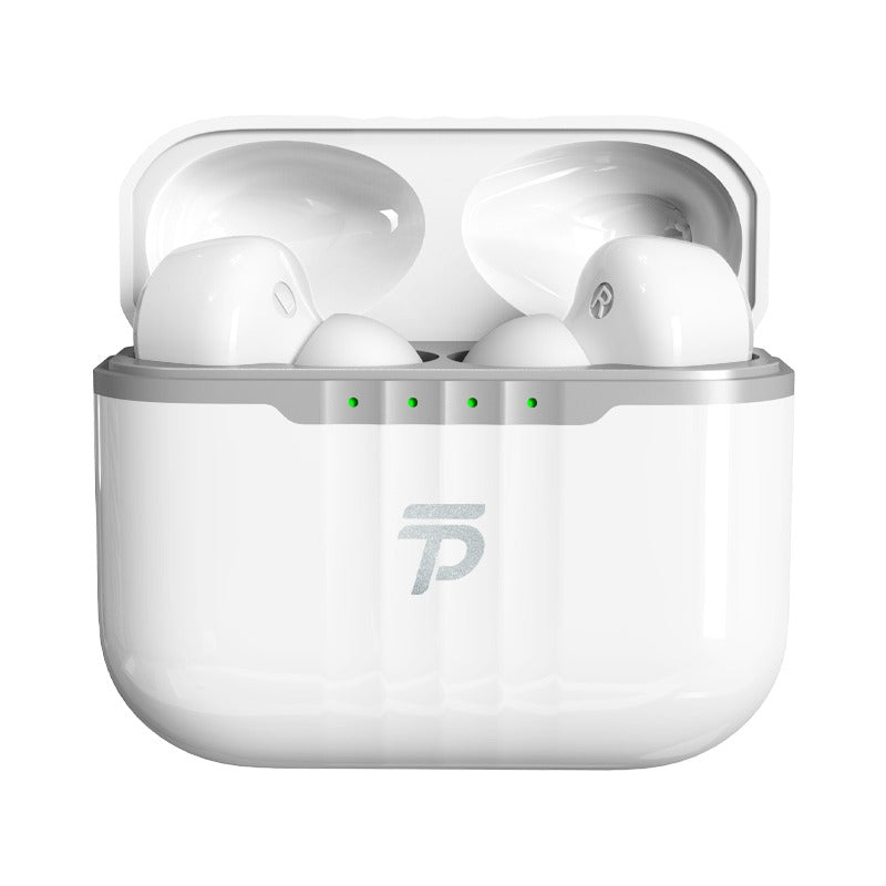 White wireless earbuds in a clear charging case on a white background tri tek pro