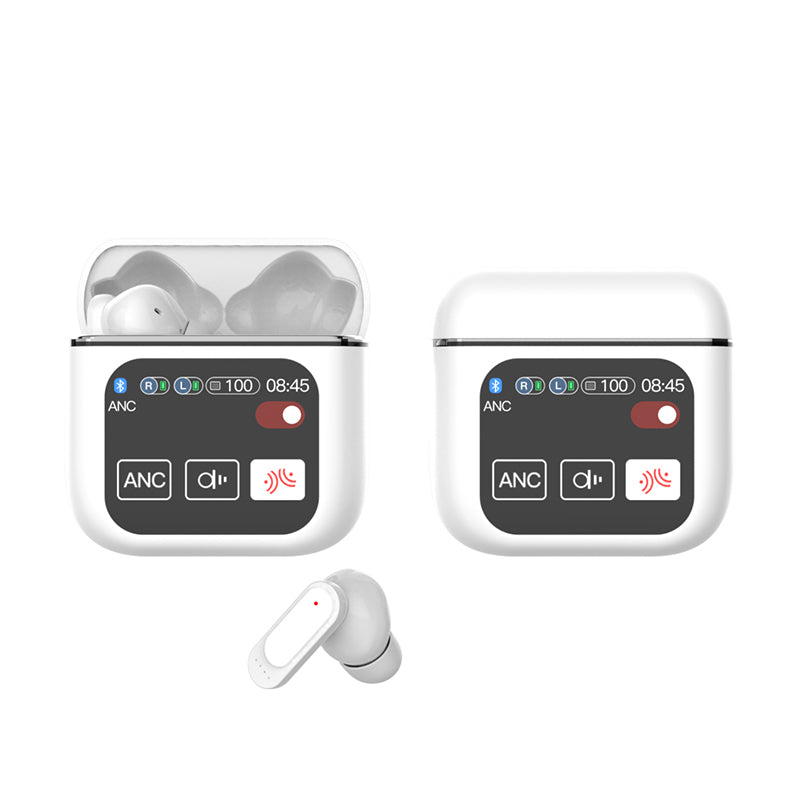 A set of noise-cancelling earbuds in various colors (black, blue, purple, beige, white) with their charging cases open, displaying the earbuds inside.
