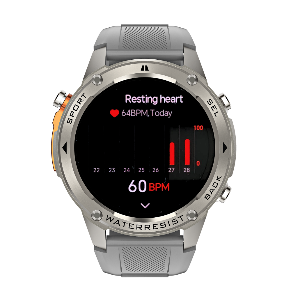 Silver smartwatch displaying heart rate information on a white background