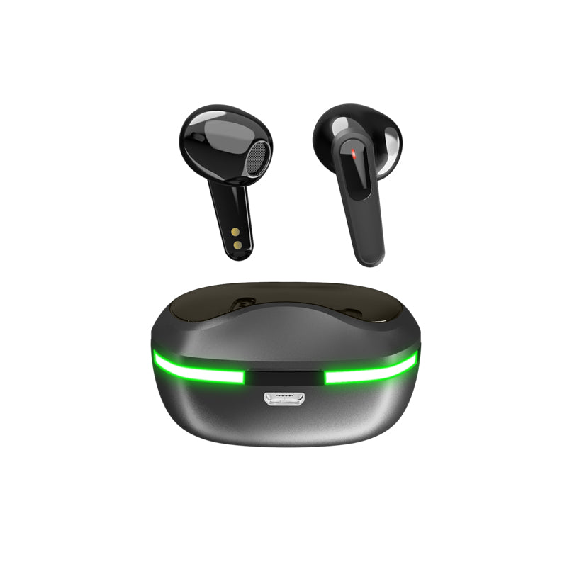 tri tek pro gaming earbuds floating above the charging case