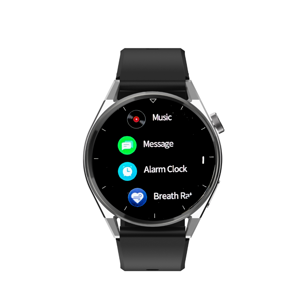 Smartwatch with a black strap on a white background with feature menu