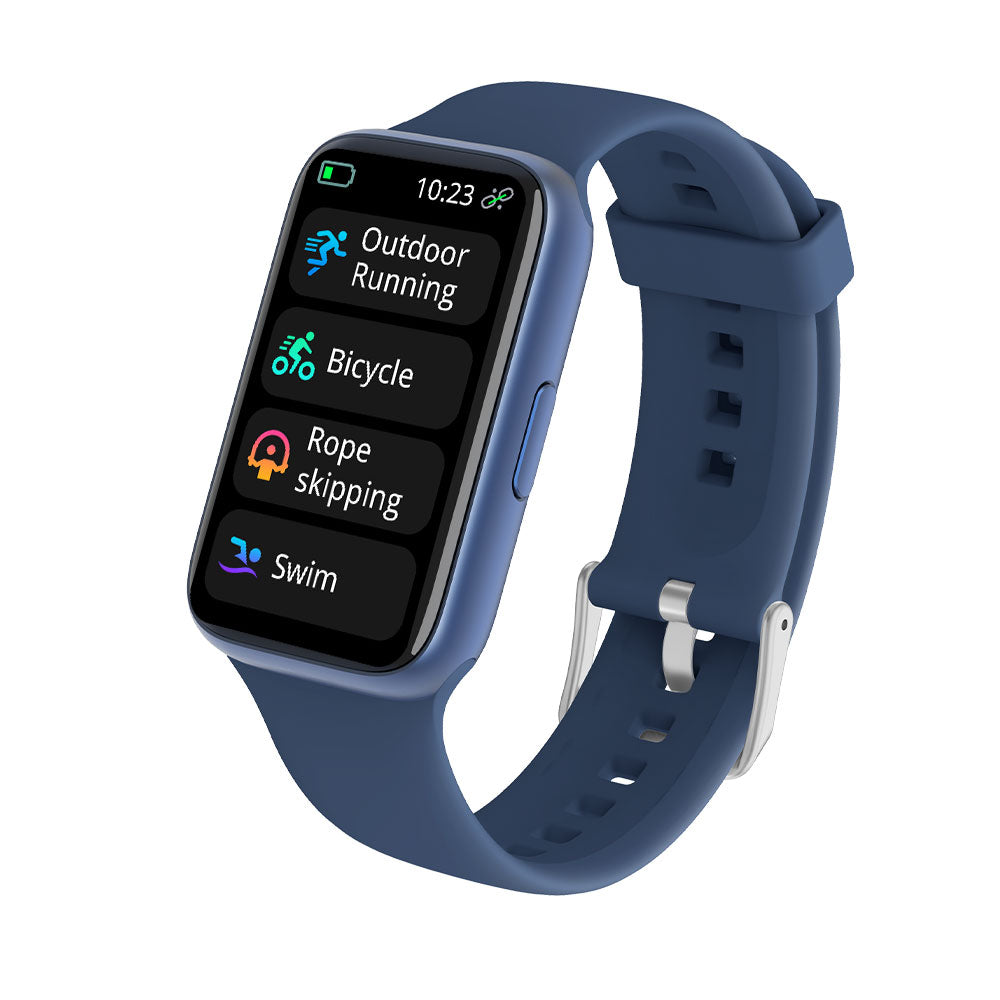 blue dfinesse smart watch displaying sport modes