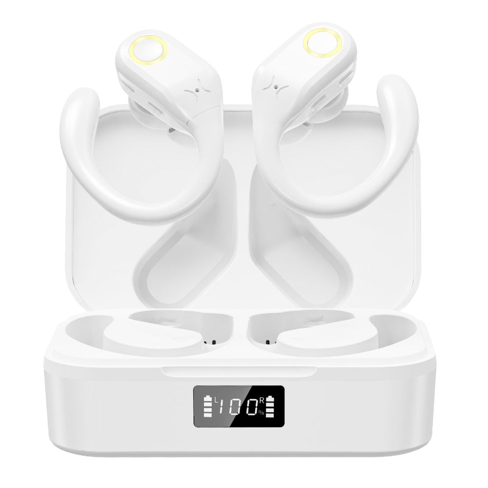 tri tek pro ear hook noise cancelling earbuds  in white showing battery inicatr