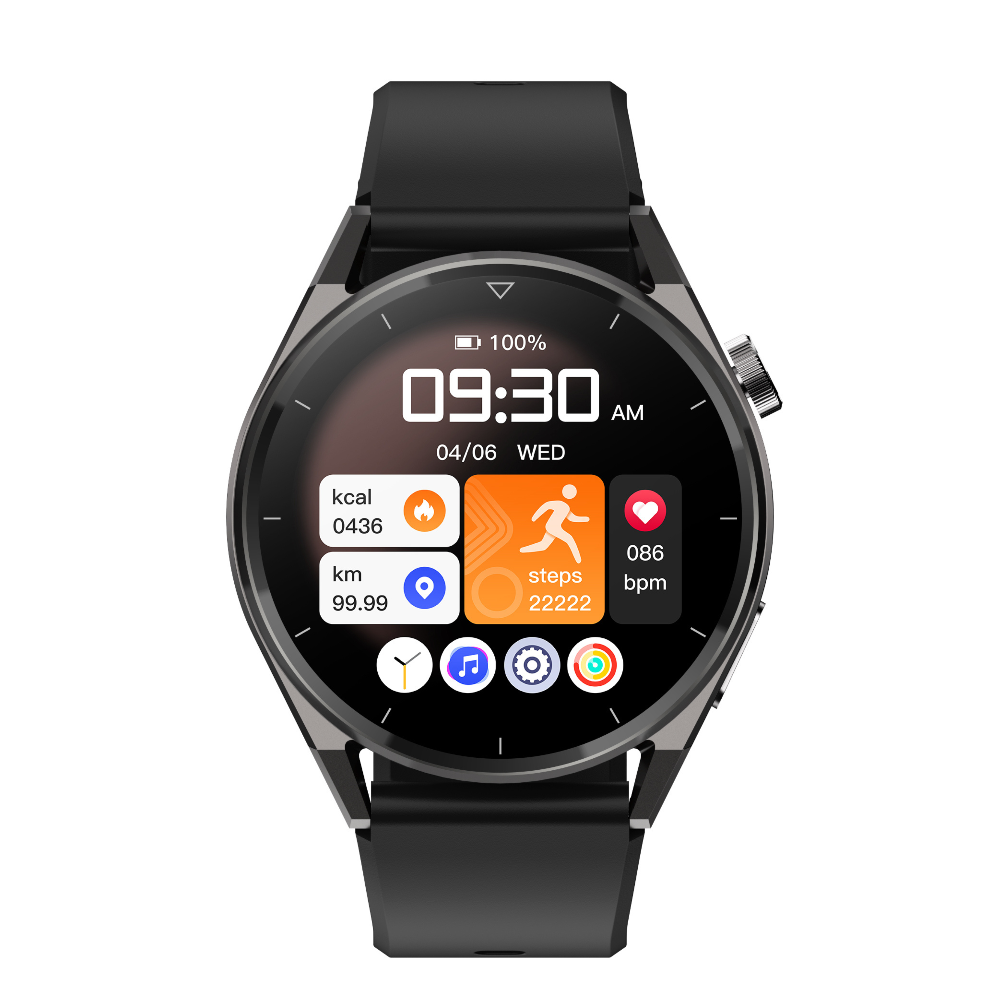 tri tek pro classic smartwatch showing step count distance and heart rate