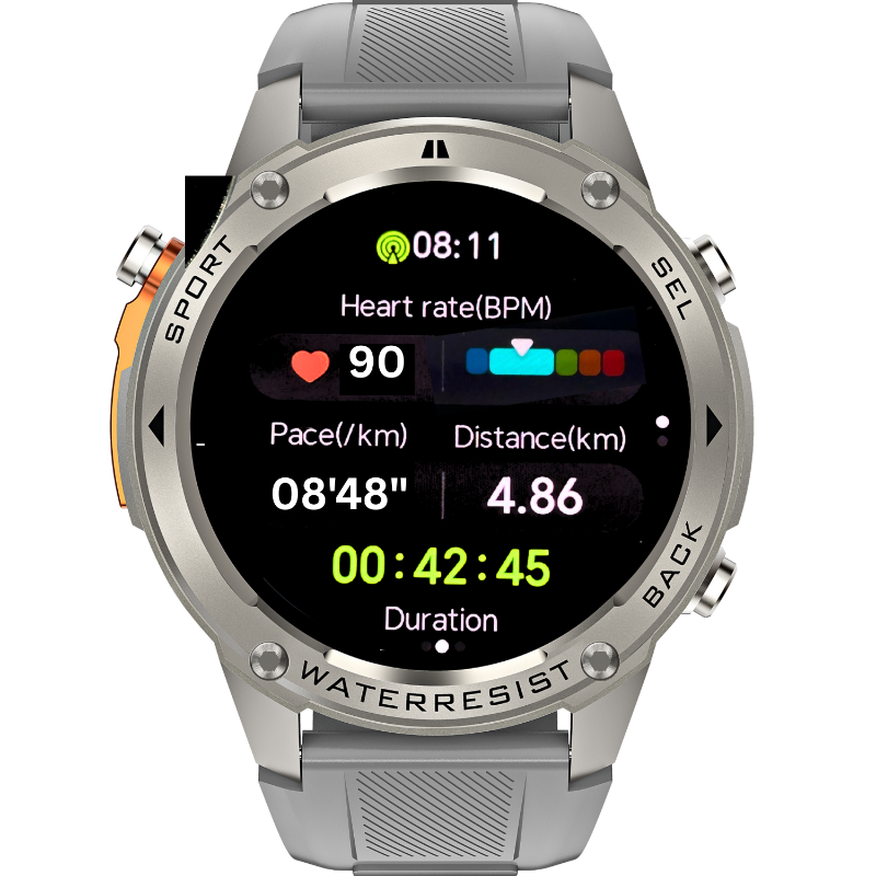 Silver smartwatch displaying heart rate and fitness metrics on a white background