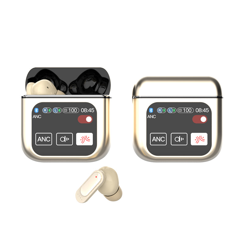 A set of noise-cancelling earbuds in various colors (black, blue, purple, beige, white) with their charging cases open, displaying the earbuds inside.