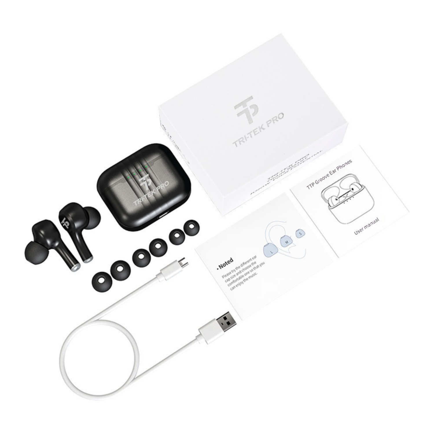 True wireless earbuds with charging case, USB cable, and user manual on a white background